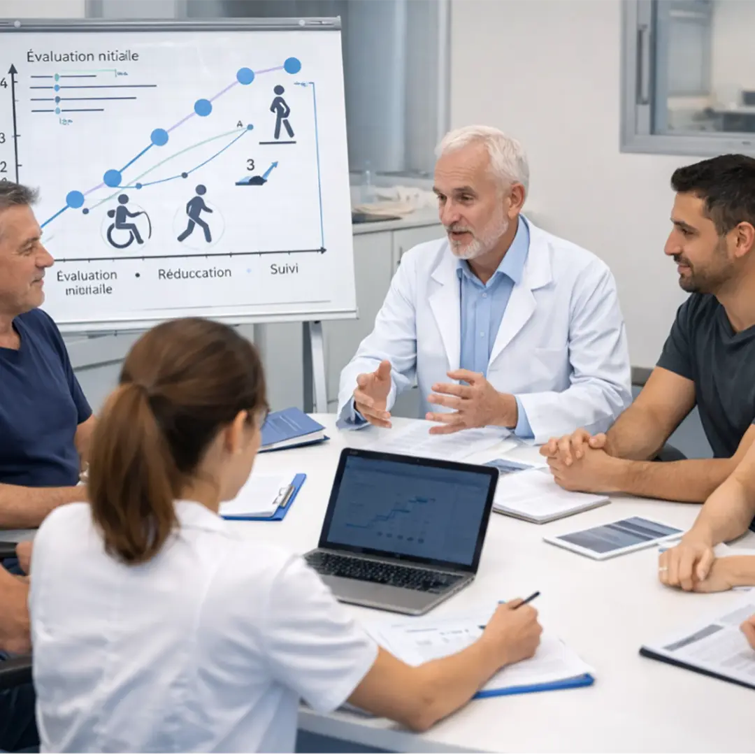 Réunion pluridisciplinaire réunissant médecin, thérapeutes et patient autour du suivi du projet de soins. L’analyse partagée de la progression fonctionnelle permet d’adapter les objectifs de rééducation et de renforcer une prise en charge personnalisée et concertée.